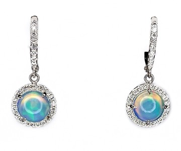 Opals surrounded by diamonds in a drop earring setting