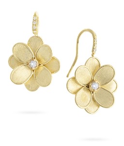Delicate gold flower drop earrings with diamond details