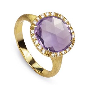 Yellow gold and amethyst ring with diamond halo