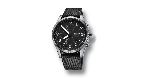 A black Oris watch with two subdials and simple numeral indices