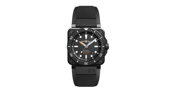 A black Bell & Ross sports watch with white indices and a square case