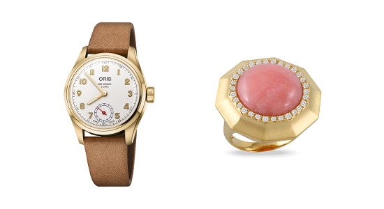 A yellow gold and white Oris watch next to a Doves by Doron Paloma ring featuring a pink center stone