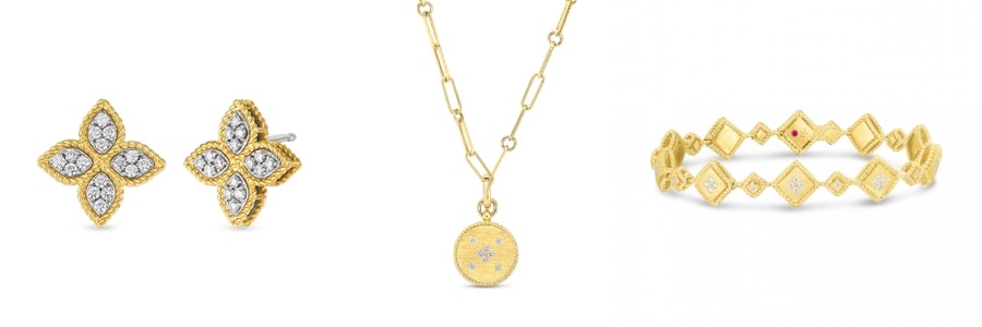 Gold stud earrings, a pendant necklace, and a bangle from Roberto Coin