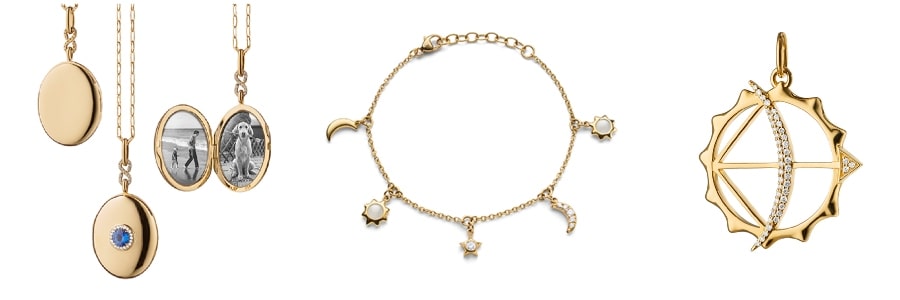 A locket necklace, a charm bracelet, and a charm from Monica Rich Kosann