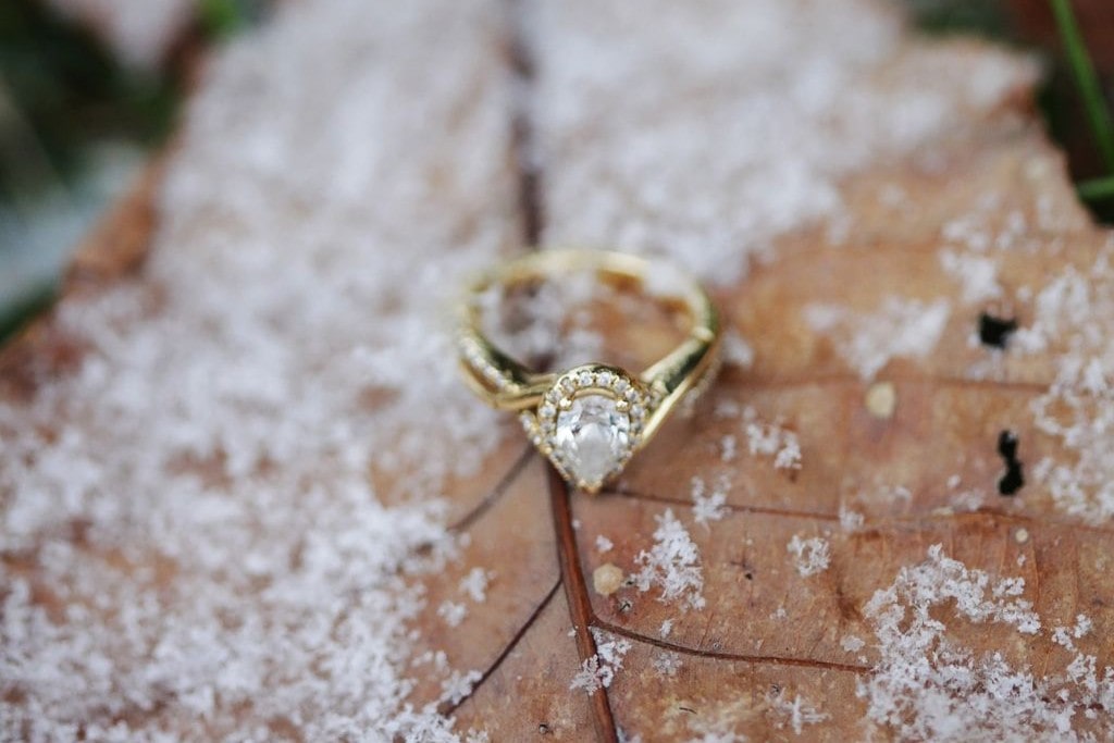 A gold halo engagement ring sits on a snow-covered leaf.