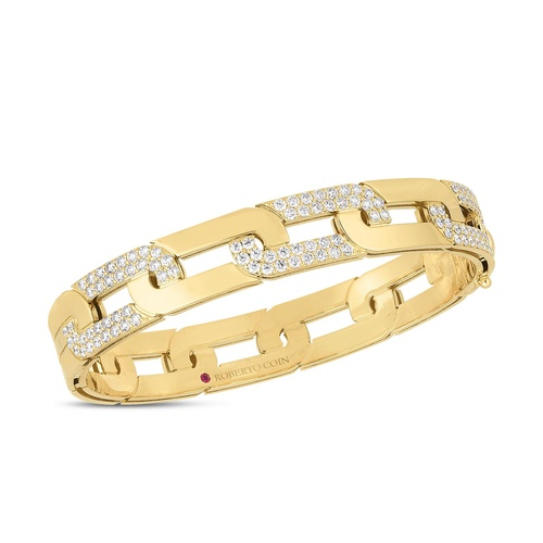An elegant gold bangle bracelet with interlocking, rectangular links.