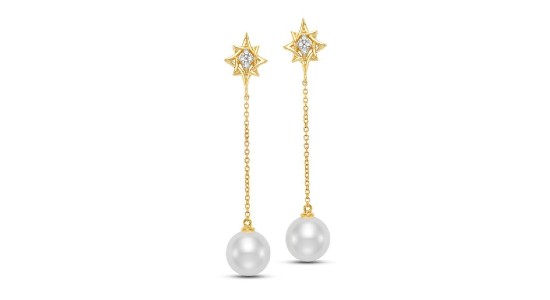 A pair of Mastaloni yellow gold drop earrings with pearls, available at Wilson & Son Jewelers.