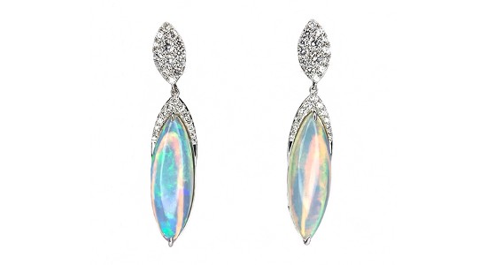 a pair of white gold drop earrings featuring marquise cut opals