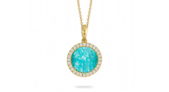 a yellow gold pendant necklace featuring round cut amazonite and a diamond halo