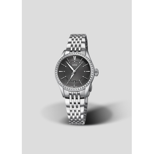 A sleek silver wristwatch with a textured dark dial.