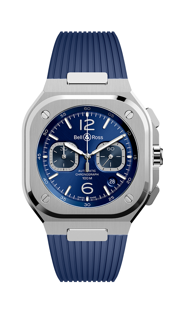 A Bell & Ross blue dial watch with blue rubber strap.