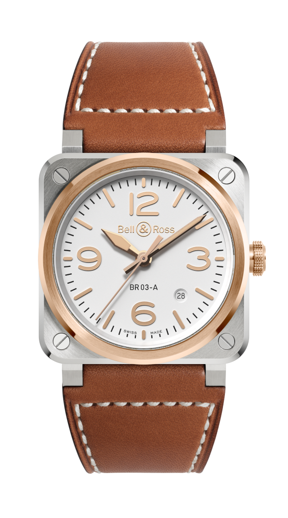 A Bell & Ross watch with white dial and rose gold bezel.