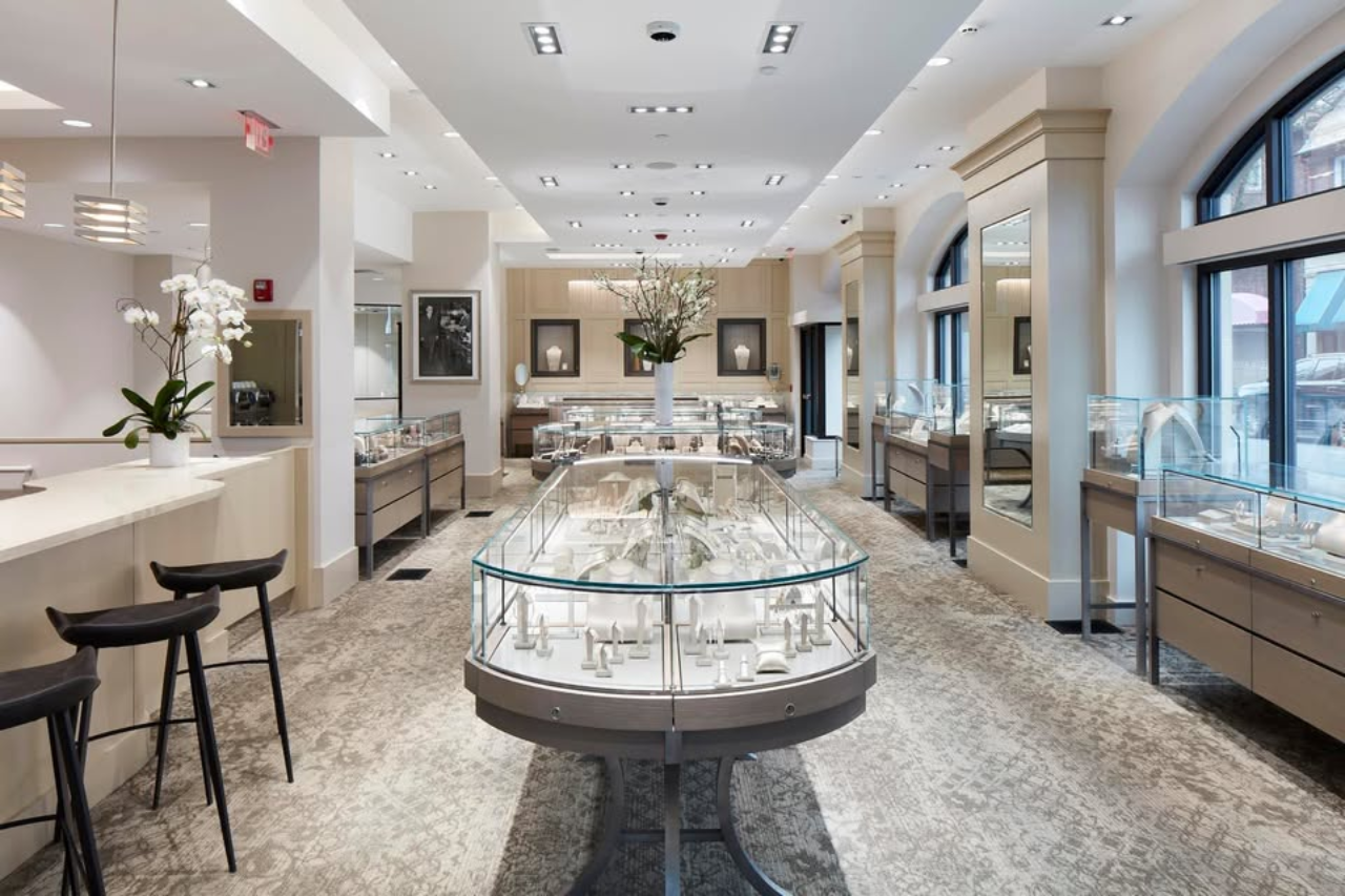 A wide view of Wilson & Son Fine Jewelers’ luxurious Scarsdale showroom.