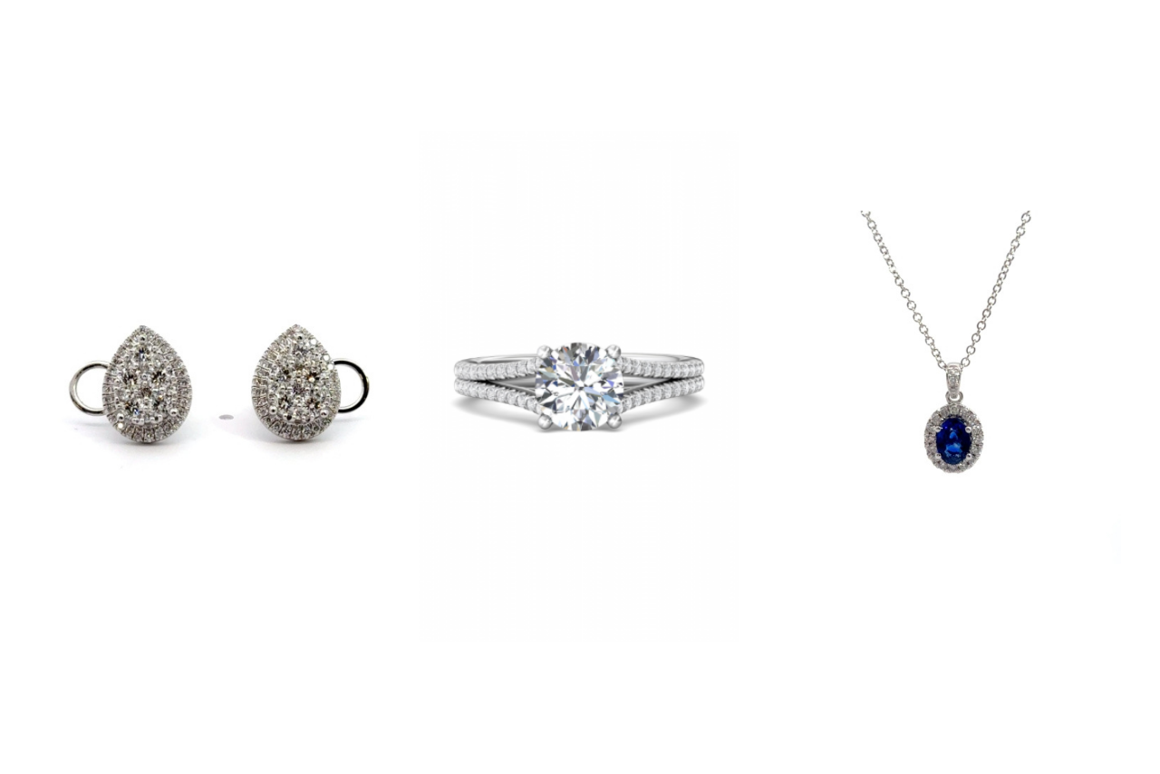 A pear shaped diamond studs, white gold split shank diamond engagement ring, blue sapphire halo drop necklace