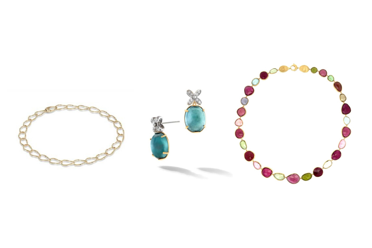 A yellow gold link bracelet, drop turquoise earrings, and gemstone necklace