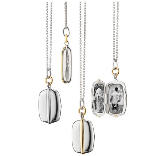 Silver and gold rectangular lockets on chains, one open to reveal a black-and-white photo of a person with a dog.