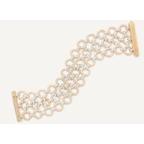 A gold bracelet featuring interlocking rings forming a wavy pattern on a white background.