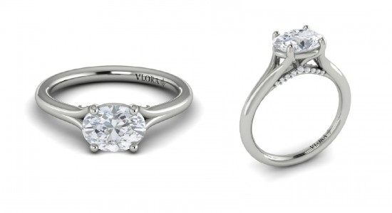 An east-west oriented oval cut Vlora engagement ring, available at Wilson & Son Jewelers.
