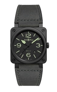 a Bell & Ross watch with a matte back case and dial and luminous indexes.