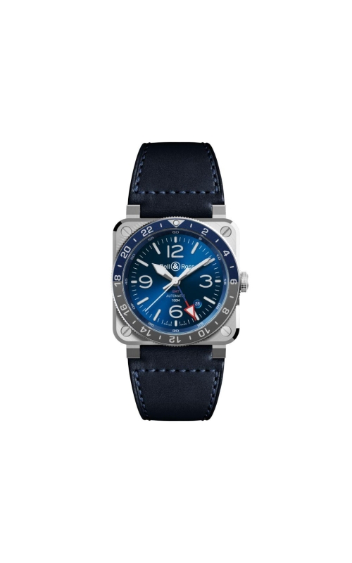 Bell & Ross 42MM Steel BR0393 GMT Blue Sunray Dial With Blue Leather Strap With Additional Black Canvas Strap