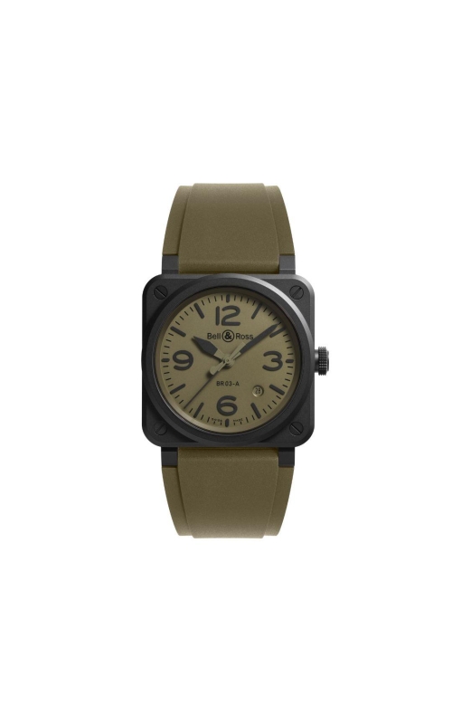 Bell & Ross 41MM BR03 Military Ceramic With Khaki Dial On a Rubber Strap With Additional Black Synthetic Strap