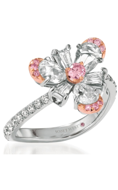 LJ WEST Platinum and 18 Karat Rose Gold Argyle Pink and White Diamond Flower Ring