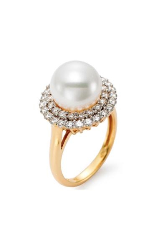 MASTOLONI 18 Karat Yellow Gold Cultured Pearl Ring With Double Diamond Halo