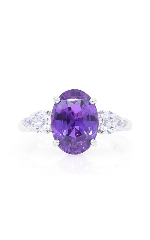 Platinum Unheated Purple Sapphire Three Stone Ring With Pear Shape Diamonds