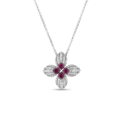 ROBERTO COIN 18K White Gold Love In Verona Diamond And Ruby Flower Necklace