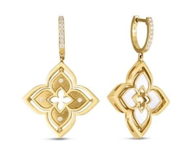 ROBERTO COIN 18K YELLOW GOLD VENETIAN PRINCESS PIROUETTE DIAMOND & MOTHER OF PEARL FLOWER DROP EARRINGS