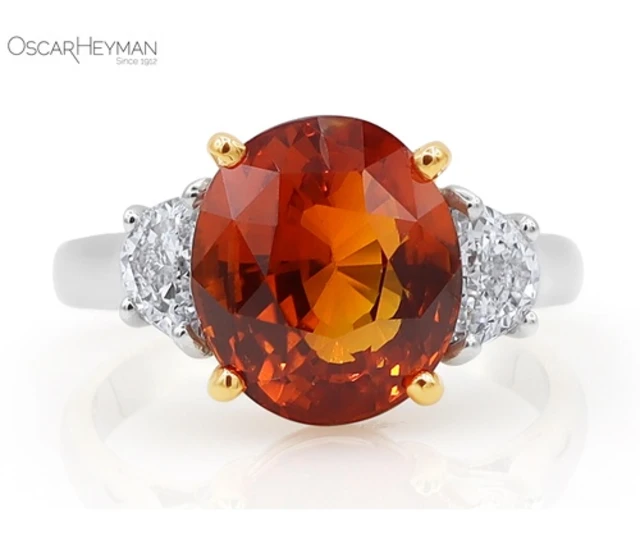 PLATINUM & 18K YELLOW GOLD VIVID ORANGE CEYLON SAPPHIRE AND DIAMOND RING